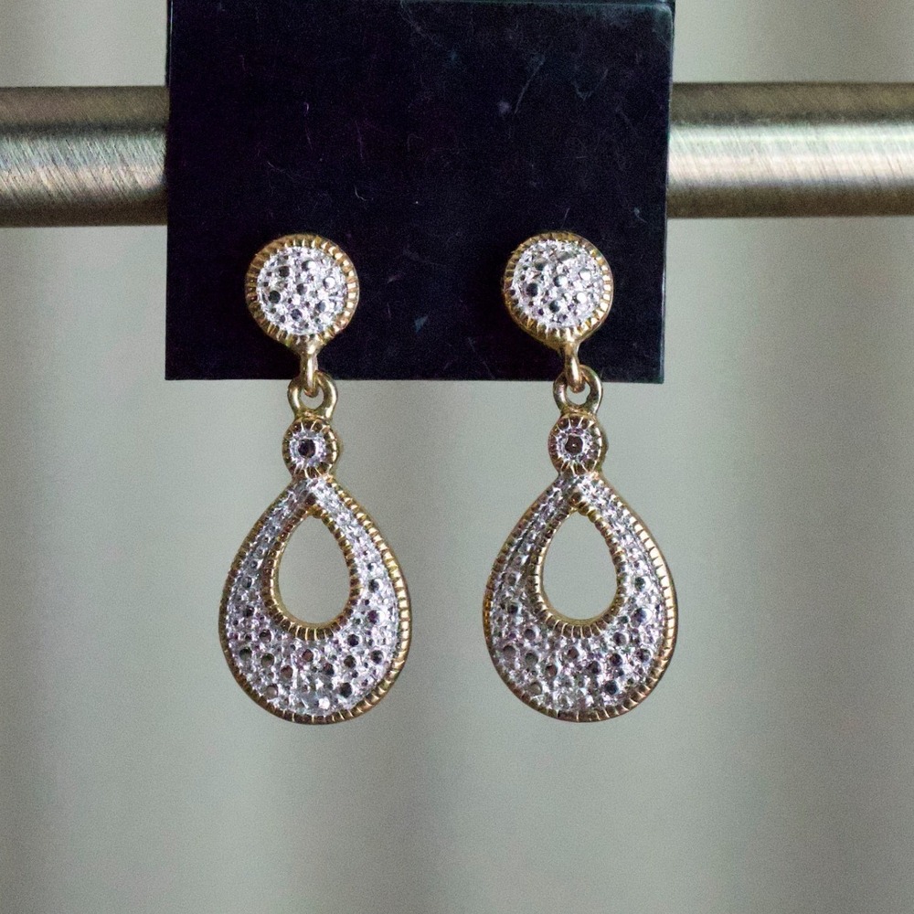 Gold Tone Crystal Pave Open Teardrop Drop Dangle Earrings Vintage Style 1 inch‎